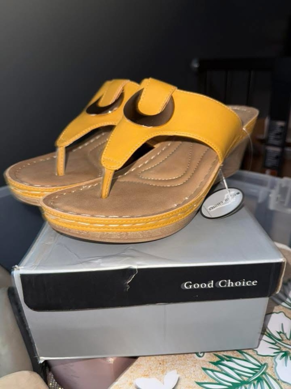 Yellow Wedge Thong Sandals with Decorative Accent